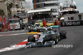 Nico Rosberg (GER) Mercedes AMG F1 W05 leads team mate Lewis Hamilton (GBR) Mercedes AMG F1 W05. 25.05.2014. Formula 1 World Championship, Rd 6, Monaco Grand Prix, Monte Carlo, Monaco, Race Day.