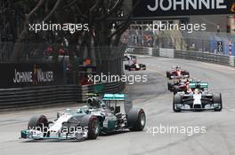 Nico Rosberg (GER) Mercedes AMG F1 W05 leads team mate Lewis Hamilton (GBR) Mercedes AMG F1 W05. 25.05.2014. Formula 1 World Championship, Rd 6, Monaco Grand Prix, Monte Carlo, Monaco, Race Day.