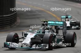 Nico Rosberg (GER) Mercedes AMG F1 W05 leads team mate Lewis Hamilton (GBR) Mercedes AMG F1 W05. 25.05.2014. Formula 1 World Championship, Rd 6, Monaco Grand Prix, Monte Carlo, Monaco, Race Day.