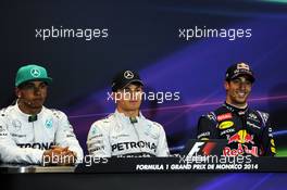 The post qualifying FIA Press Conference (L to R): Lewis Hamilton (GBR) Mercedes AMG F1, second; Nico Rosberg (GER) Mercedes AMG F1, pole position; Daniel Ricciardo (AUS) Red Bull Racing, third. 24.05.2014. Formula 1 World Championship, Rd 6, Monaco Grand Prix, Monte Carlo, Monaco, Qualifying Day