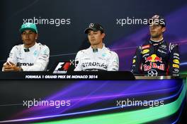 The FIA Press Conference qualifying top three (L to R): Lewis Hamilton (GBR) Mercedes AMG F1, second; Nico Rosberg (GER) Mercedes AMG F1, pole position; Daniel Ricciardo (AUS) Red Bull Racing, third.  24.05.2014. Formula 1 World Championship, Rd 6, Monaco Grand Prix, Monte Carlo, Monaco, Qualifying Day