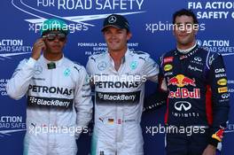 pole position for Nico Rosberg (GER) Mercedes AMG F1 2nd for Lewis Hamilton (GBR) Mercedes AMG F1 and 3rd for Daniel Ricciardo (AUS) Red Bull Racing RB10. 24.05.2014. Formula 1 World Championship, Rd 6, Monaco Grand Prix, Monte Carlo, Monaco, Qualifying Day
