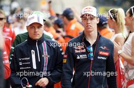 (L to R): Valtteri Bottas (FIN) Williams with Daniil Kvyat (RUS) Scuderia Toro Rosso on the drivers parade. 25.05.2014. Formula 1 World Championship, Rd 6, Monaco Grand Prix, Monte Carlo, Monaco, Race Day.