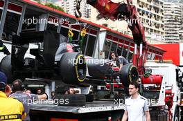 The Sauber C33 of Adrian Sutil (GER) Sauber is recovered back to the pits on the back of a truck. 22.05.2014. Formula 1 World Championship, Rd 6, Monaco Grand Prix, Monte Carlo, Monaco, Practice Day.