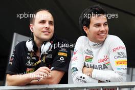 (L to R): Gianpiero Lambiase (ITA) Sahara Force India F1 Engineer with Sergio Perez (MEX) Sahara Force India F1. 22.05.2014. Formula 1 World Championship, Rd 6, Monaco Grand Prix, Monte Carlo, Monaco, Practice Day.
