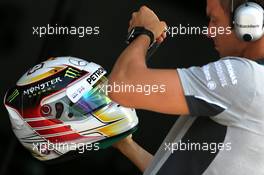 Helmet of Lewis Hamilton (GBR), Mercedes AMG F1 Team  28.03.2014. Formula 1 World Championship, Rd 2, Malaysian Grand Prix, Sepang, Malaysia, Friday.
