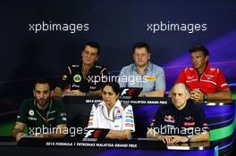 The FIA Press Conference (From back row (L to R)): Federico Gastaldi (ARG) Lotus F1 Team Deputy Team Principal; Paul Hembery (GBR) Pirelli Motorsport Director; Graeme Lowdon (GBR) Marussia F1 Team Chief Executive Officer; Cyril Abiteboul (FRA) Caterham F1 Team Principal; Monisha Kaltenborn (AUT) Sauber Team Principal; Franz Tost (AUT) Scuderia Toro Rosso Team Principal.  28.03.2014. Formula 1 World Championship, Rd 2, Malaysian Grand Prix, Sepang, Malaysia, Friday.