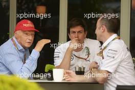 (L to R): Niki Lauda (AUT) Mercedes Non-Executive Chairman with Toto Wolff (GER) Mercedes AMG F1 Shareholder and Executive Director and Paddy Lowe (GBR) Mercedes AMG F1 Executive Director (Technical). 28.03.2014. Formula 1 World Championship, Rd 2, Malaysian Grand Prix, Sepang, Malaysia, Friday.