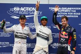 Pole position for Lewis Hamilton (GBR) Mercedes AMG F1 2nd place for Sebastian Vettel (GER) Red Bull Racing and 3rd place for Nico Rosberg (GER) Mercedes AMG F1. 29.03.2014. Formula 1 World Championship, Rd 2, Malaysian Grand Prix, Sepang, Malaysia, Saturday.