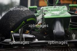 The Caterham CT05 of Marcus Ericsson (SWE) Caterham after he crashed in qualifying. 29.03.2014. Formula 1 World Championship, Rd 2, Malaysian Grand Prix, Sepang, Malaysia, Saturday.