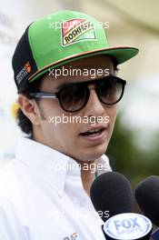 Sergio Perez (MEX) Sahara Force India F1 with the media. 27.03.2014. Formula 1 World Championship, Rd 2, Malaysian Grand Prix, Sepang, Malaysia, Thursday.