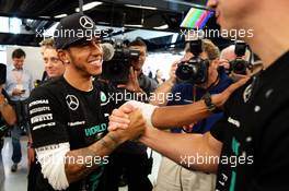 Lewis Hamilton (GBR) Mercedes AMG F1 celebrates winning the 2014 Constructors' Championship with the team. 12.10.2014. Formula 1 World Championship, Rd 16, Russian Grand Prix, Sochi Autodrom, Sochi, Russia, Race Day.