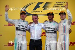 1st place for Lewis Hamilton (GBR) Mercedes AMG F1 2nd place for Nico Rosberg (GER) Mercedes AMG F1 W05 and 3rd place for Valtteri Bottas (FIN) Williams FW36. 12.10.2014. Formula 1 World Championship, Rd 16, Russian Grand Prix, Sochi Autodrom, Sochi, Russia, Race Day.