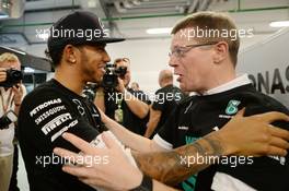 Lewis Hamilton (GBR) Mercedes AMG F1 celebrates winning the 2014 Constructors' Championship with the team. 12.10.2014. Formula 1 World Championship, Rd 16, Russian Grand Prix, Sochi Autodrom, Sochi, Russia, Race Day.