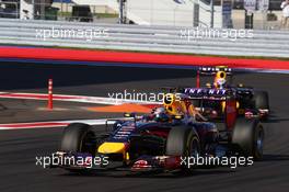 Sebastian Vettel (GER) Red Bull Racing RB10 leads team mate Daniel Ricciardo (AUS) Red Bull Racing RB10. 12.10.2014. Formula 1 World Championship, Rd 16, Russian Grand Prix, Sochi Autodrom, Sochi, Russia, Race Day.