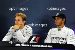 The post qualifying FIA Press Conference (L to R): Nico Rosberg (GER) Mercedes AMG F1, second; Lewis Hamilton (GBR) Mercedes AMG F1, pole position. 11.10.2014. Formula 1 World Championship, Rd 16, Russian Grand Prix, Sochi Autodrom, Sochi, Russia, Qualifying Day.