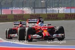 Fernando Alonso (ESP) Ferrari F14-T leads team mate Kimi Raikkonen (FIN) Ferrari F14-T. 11.10.2014. Formula 1 World Championship, Rd 16, Russian Grand Prix, Sochi Autodrom, Sochi, Russia, Qualifying Day.