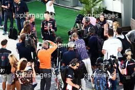 Daniil Kvyat (RUS) Scuderia Toro Rosso with David Coulthard (GBR) Red Bull Racing and Scuderia Toro Advisor / BBC Television Commentator in the paddock. 11.10.2014. Formula 1 World Championship, Rd 16, Russian Grand Prix, Sochi Autodrom, Sochi, Russia, Qualifying Day.