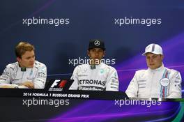 The post qualifying FIA Press Conference (L to R): Nico Rosberg (GER) Mercedes AMG F1, second; Lewis Hamilton (GBR) Mercedes AMG F1, pole position; Valtteri Bottas (FIN) Williams, third. 11.10.2014. Formula 1 World Championship, Rd 16, Russian Grand Prix, Sochi Autodrom, Sochi, Russia, Qualifying Day.