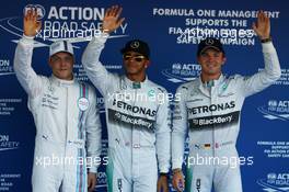 Pole for Lewis Hamilton (GBR) Mercedes AMG F1, 2nd for Nico Rosberg (GER) Mercedes AMG F1 and 3rd for Valtteri Bottas (FIN) Williams FW36. 11.10.2014. Formula 1 World Championship, Rd 16, Russian Grand Prix, Sochi Autodrom, Sochi, Russia, Qualifying Day.