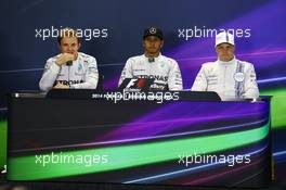 The post qualifying FIA Press Conference (L to R): Nico Rosberg (GER) Mercedes AMG F1, second; Lewis Hamilton (GBR) Mercedes AMG F1, pole position; Valtteri Bottas (FIN) Williams, third. 11.10.2014. Formula 1 World Championship, Rd 16, Russian Grand Prix, Sochi Autodrom, Sochi, Russia, Qualifying Day.