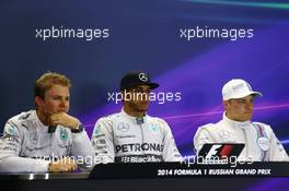 The post qualifying FIA Press Conference (L to R): Nico Rosberg (GER) Mercedes AMG F1, second; Lewis Hamilton (GBR) Mercedes AMG F1, pole position; Valtteri Bottas (FIN) Williams, third. 11.10.2014. Formula 1 World Championship, Rd 16, Russian Grand Prix, Sochi Autodrom, Sochi, Russia, Qualifying Day.