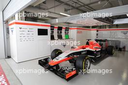 The Marussia F1 Team MR03 of Jules Bianchi (FRA) sits prepared, but not racing, in the pit garage. 12.10.2014. Formula 1 World Championship, Rd 16, Russian Grand Prix, Sochi Autodrom, Sochi, Russia, Race Day.