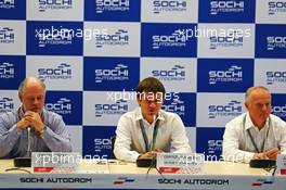 (L to R): Richard Cregan (IRE) Russian Grand Prix Consulatant; Sergey Vorobyev (RUS) Deputy General Director, OJSC Centre Omega (Sochi Circuit) and Russian GP Promoter; and Alexander Saurin (RUS) Vice Govenor of Krasnodar Regional Administration at a Press Briefing. 09.10.2014. Formula 1 World Championship, Rd 16, Russian Grand Prix, Sochi Autodrom, Sochi, Russia, Preparation Day.