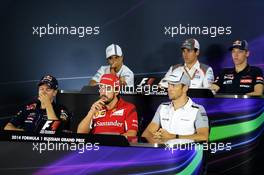 The FIA Press Conference (From back row (L to R)): Felipe Massa (BRA) Williams; Adrian Sutil (GER) Sauber; Daniil Kvyat (RUS) Scuderia Toro Rosso; Sebastian Vettel (GER) Red Bull Racing; Fernando Alonso (ESP) Ferrari; Jenson Button (GBR) McLaren.  09.10.2014. Formula 1 World Championship, Rd 16, Russian Grand Prix, Sochi Autodrom, Sochi, Russia, Preparation Day.