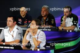 The FIA Press Conference (from back row (L to R)): Franz Tost (AUT) Scuderia Toro Rosso Team Principal; Dr. Vijay Mallya (IND) Sahara Force India F1 Team Owner; Dr. Manfredi Ravetto (ITA) Caterham F1 Team Principal; Eric Boullier (FRA) McLaren Racing Director; Claire Williams (GBR) Williams Deputy Team Principal. 19.09.2014. Formula 1 World Championship, Rd 14, Singapore Grand Prix, Singapore, Singapore, Practice Day.