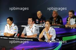 The FIA Press Conference (from back row (L to R)): Franz Tost (AUT) Scuderia Toro Rosso Team Principal; Dr. Vijay Mallya (IND) Sahara Force India F1 Team Owner; Dr. Manfredi Ravetto (ITA) Caterham F1 Team Principal; Monisha Kaltenborn (AUT) Sauber Team Principal; Eric Boullier (FRA) McLaren Racing Director; Claire Williams (GBR) Williams Deputy Team Principal. 19.09.2014. Formula 1 World Championship, Rd 14, Singapore Grand Prix, Singapore, Singapore, Practice Day.
