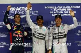 Pole for Lewis Hamilton (GBR) Mercedes AMG F1 W05, 2nd for Nico Rosberg (GER) Mercedes AMG F1 W05 and 3rd for Daniel Ricciardo (AUS) Red Bull Racing RB10. 20.09.2014. Formula 1 World Championship, Rd 14, Singapore Grand Prix, Singapore, Singapore, Qualifying Day.