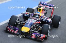 Sebastian Vettel (GER) Red Bull Racing RB10 running sensor equipment. 09.07.2014. Formula One Testing, Silverstone, England, Wednesday.