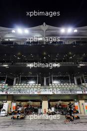 The Sahara Force India F1 Team pit garages at night. 21.11.2014. Formula 1 World Championship, Rd 19, Abu Dhabi Grand Prix, Yas Marina Circuit, Abu Dhabi, Practice Day.
