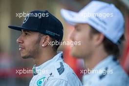 Lewis Hamilton (GBR) Mercedes AMG F1 with team mate Nico Rosberg (GER) Mercedes AMG F1 at a team photograph. 23.11.2014. Formula 1 World Championship, Rd 19, Abu Dhabi Grand Prix, Yas Marina Circuit, Abu Dhabi, Race Day.