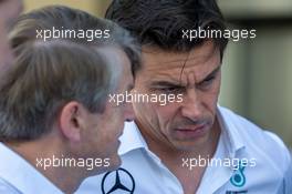 (L to R): Thomas Weber (GER) Member of the Board of Management of Daimler AG with Toto Wolff (GER) Mercedes AMG F1 Shareholder and Executive Director. 23.11.2014. Formula 1 World Championship, Rd 19, Abu Dhabi Grand Prix, Yas Marina Circuit, Abu Dhabi, Race Day.
