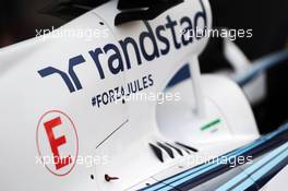 Williams FW36 engine cover with message of support for Jules Bianchi (FRA). 20.11.2014. Formula 1 World Championship, Rd 19, Abu Dhabi Grand Prix, Yas Marina Circuit, Abu Dhabi, Preparation Day.
