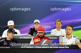 The FIA Press Conference (From back row (L to R)): Lewis Hamilton (GBR) Mercedes AMG F1; Nico Hulkenberg (GER) Sahara Force India F1; Nico Rosberg (GER) Mercedes AMG F1; Sebastian Vettel (GER) Red Bull Racing; Fernando Alonso (ESP) Ferrari; Jenson Button (GBR) McLaren. 20.11.2014. Formula 1 World Championship, Rd 19, Abu Dhabi Grand Prix, Yas Marina Circuit, Abu Dhabi, Preparation Day.