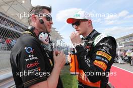 (L to R): Bradley Joyce (GBR) Sahara Force India F1 Race Engineer with Nico Hulkenberg (GER) Sahara Force India F1 on the grid. 02.11.2014. Formula 1 World Championship, Rd 17, United States Grand Prix, Austin, Texas, USA, Race Day.