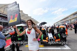 Grid girl for Nico Hulkenberg (GER) Sahara Force India F1 VJM07. 02.11.2014. Formula 1 World Championship, Rd 17, United States Grand Prix, Austin, Texas, USA, Race Day.