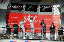 The podium (L to R): Nico Rosberg (GER) Mercedes AMG F1, second; Lewis Hamilton (GBR) Mercedes AMG F1, race winner; Daniel Ricciardo (AUS) Red Bull Racing, third. 02.11.2014. Formula 1 World Championship, Rd 17, United States Grand Prix, Austin, Texas, USA, Race Day.