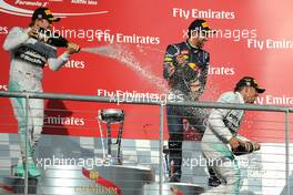 The podium (L to R): Nico Rosberg (GER) Mercedes AMG F1, second; Lewis Hamilton (GBR) Mercedes AMG F1, race winner; Daniel Ricciardo (AUS) Red Bull Racing, third. 02.11.2014. Formula 1 World Championship, Rd 17, United States Grand Prix, Austin, Texas, USA, Race Day.