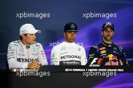 The FIA Press Conference (L to R): Nico Rosberg (GER) Mercedes AMG F1, second; Lewis Hamilton (GBR) Mercedes AMG F1, race winner; Daniel Ricciardo (AUS) Red Bull Racing, third. 02.11.2014. Formula 1 World Championship, Rd 17, United States Grand Prix, Austin, Texas, USA, Race Day.