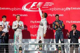 The podium (L to R): Nico Rosberg (GER) Mercedes AMG F1, second; Lewis Hamilton (GBR) Mercedes AMG F1, race winner; Daniel Ricciardo (AUS) Red Bull Racing, third. 02.11.2014. Formula 1 World Championship, Rd 17, United States Grand Prix, Austin, Texas, USA, Race Day.