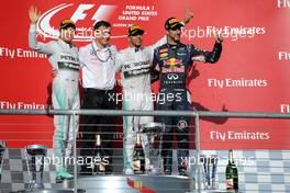 The podium (L to R): Nico Rosberg (GER) Mercedes AMG F1, second; Lewis Hamilton (GBR) Mercedes AMG F1, race winner; Daniel Ricciardo (AUS) Red Bull Racing, third. 02.11.2014. Formula 1 World Championship, Rd 17, United States Grand Prix, Austin, Texas, USA, Race Day.