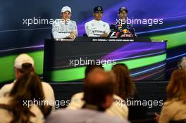 The FIA Press Conference (L to R): Nico Rosberg (GER) Mercedes AMG F1, second; Lewis Hamilton (GBR) Mercedes AMG F1, race winner; Daniel Ricciardo (AUS) Red Bull Racing, third. 02.11.2014. Formula 1 World Championship, Rd 17, United States Grand Prix, Austin, Texas, USA, Race Day.