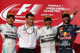 1st place for Lewis Hamilton (GBR) Mercedes AMG F1 W05, 2nd place for Nico Rosberg (GER) Mercedes AMG F1 W05 and 3rd for Daniel Ricciardo (AUS) Red Bull Racing RB10. 02.11.2014. Formula 1 World Championship, Rd 17, United States Grand Prix, Austin, Texas, USA, Race Day.