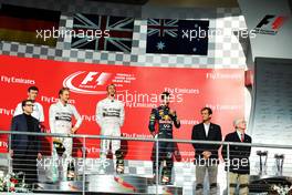 The podium (L to R): Nico Rosberg (GER) Mercedes AMG F1, second; Lewis Hamilton (GBR) Mercedes AMG F1, race winner; Daniel Ricciardo (AUS) Red Bull Racing, third. 02.11.2014. Formula 1 World Championship, Rd 17, United States Grand Prix, Austin, Texas, USA, Race Day.