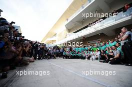 Race winner Lewis Hamilton (GBR) Mercedes AMG F1 celebrates with the team. 02.11.2014. Formula 1 World Championship, Rd 17, United States Grand Prix, Austin, Texas, USA, Race Day.