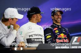 The FIA Press Conference (L to R): Nico Rosberg (GER) Mercedes AMG F1, second; Lewis Hamilton (GBR) Mercedes AMG F1, race winner; Daniel Ricciardo (AUS) Red Bull Racing, third. 02.11.2014. Formula 1 World Championship, Rd 17, United States Grand Prix, Austin, Texas, USA, Race Day.